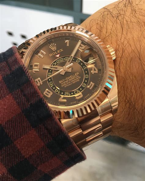 rolex sky dweller chocolate replica|rolex gold sky dweller price.